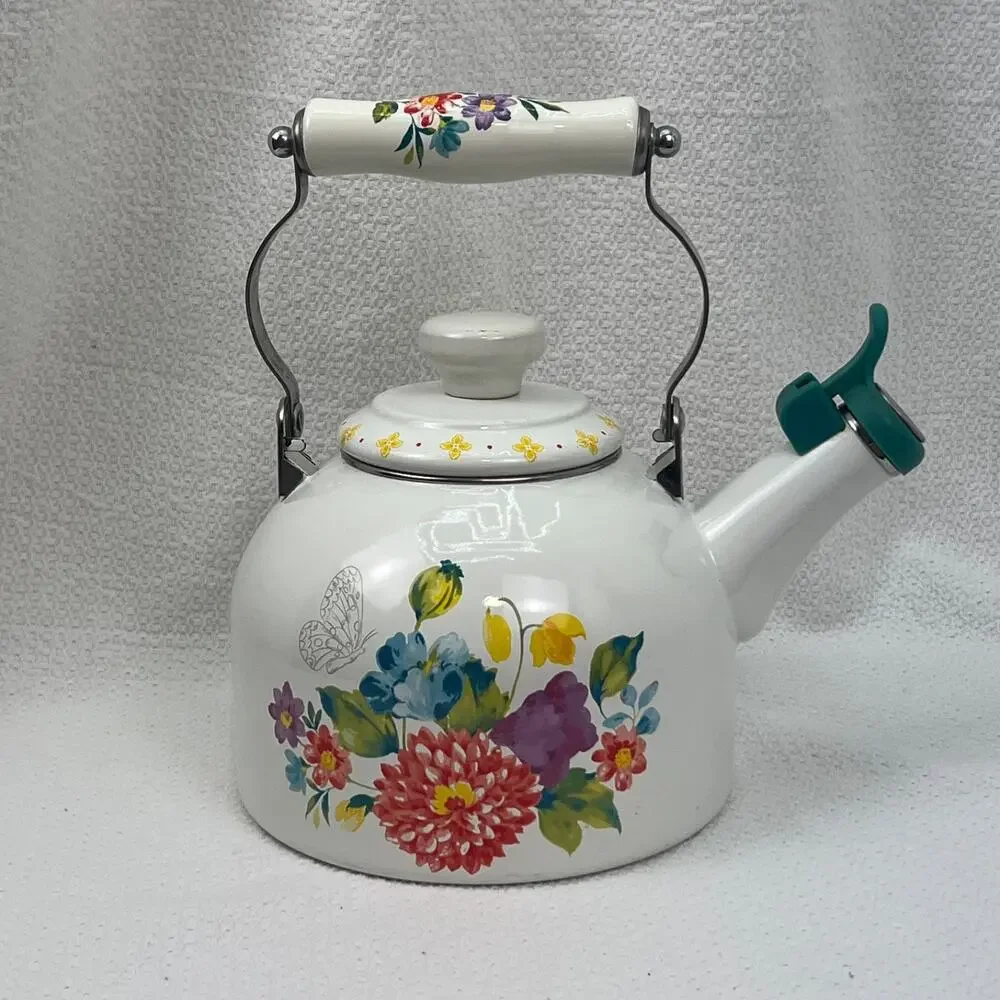 The Pioneer Woman Blooming Bouquet Whistling Tea Kettle White EUC With Handle